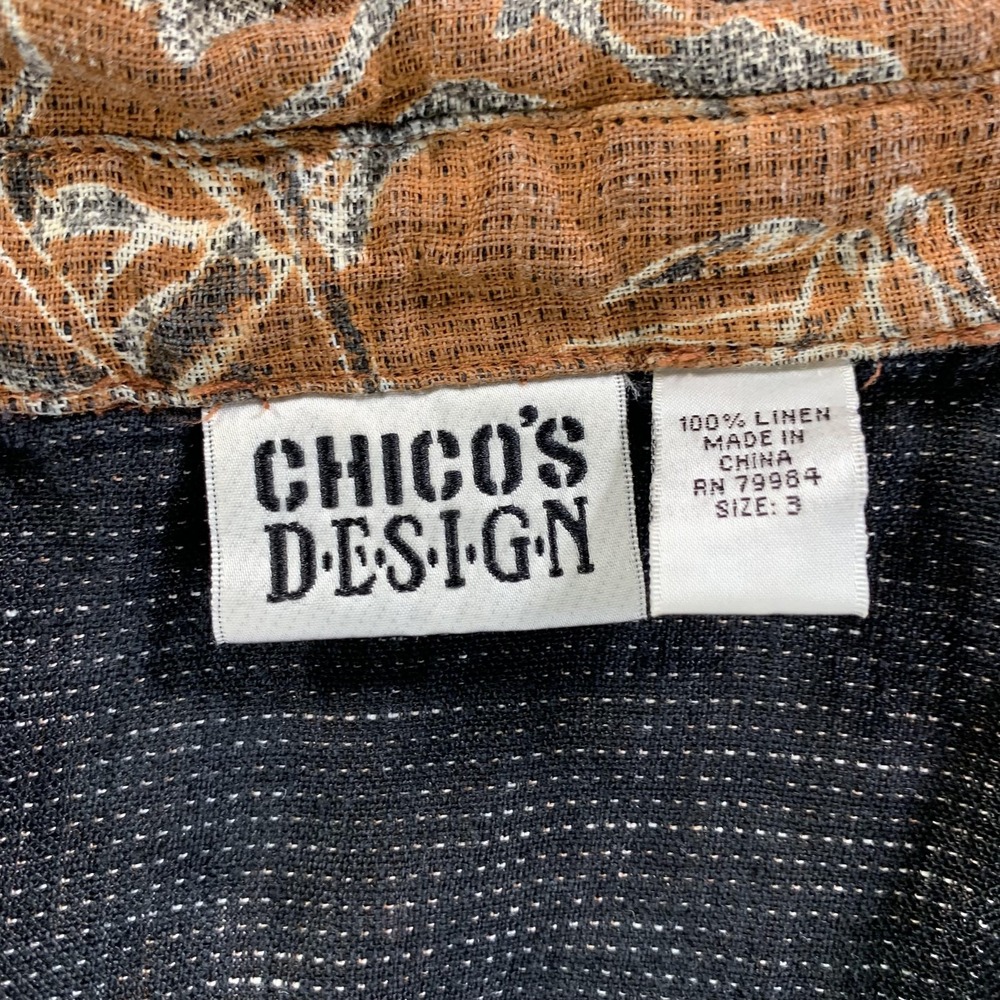Chicos Design Shirt Womens Sz 3 / XXL Brown Linen Asian Print Button Front Top - Picture 7 of 13